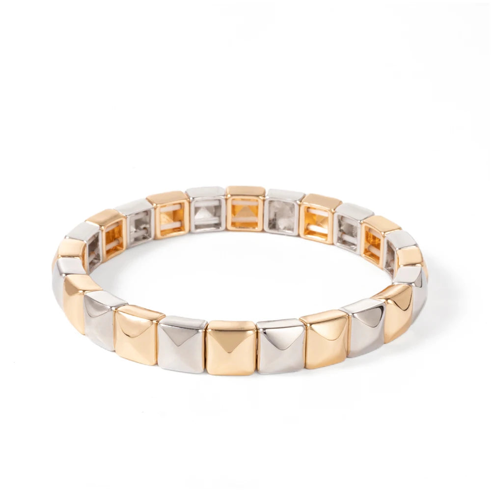 Tejesa Colorful Enamel Square Shape Rhombus Faced Bohemain Geometric Elastic Bracelets For Women