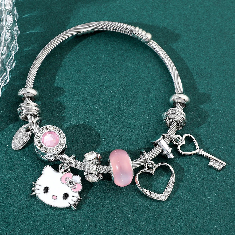 Sanrio Cartoon Charms Bracelets Kawaii Hello Kitty Beads Pendant Hand Chains Cute Bangle Jewelry Accessories Gifts for Girls