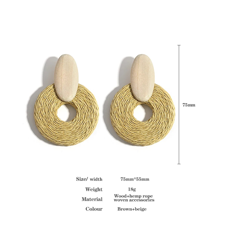Lifefontier Ethnic Wooden Rattan Knit Round Drop Earrings For Women Handmade Beach Earring Pendant Jewelry Wholesale Gifts 2023