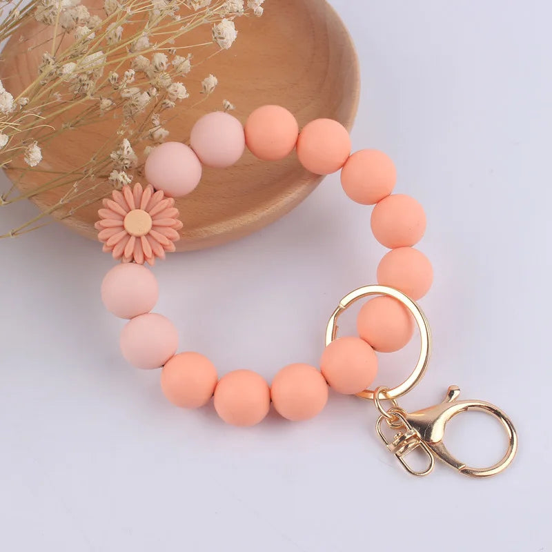 Food Grade Silicone Round Beaded Keychain Fashion Women Wristlet Bracelet Keyring For Anti-Loss Lobster Clasp Keychain Jewelry