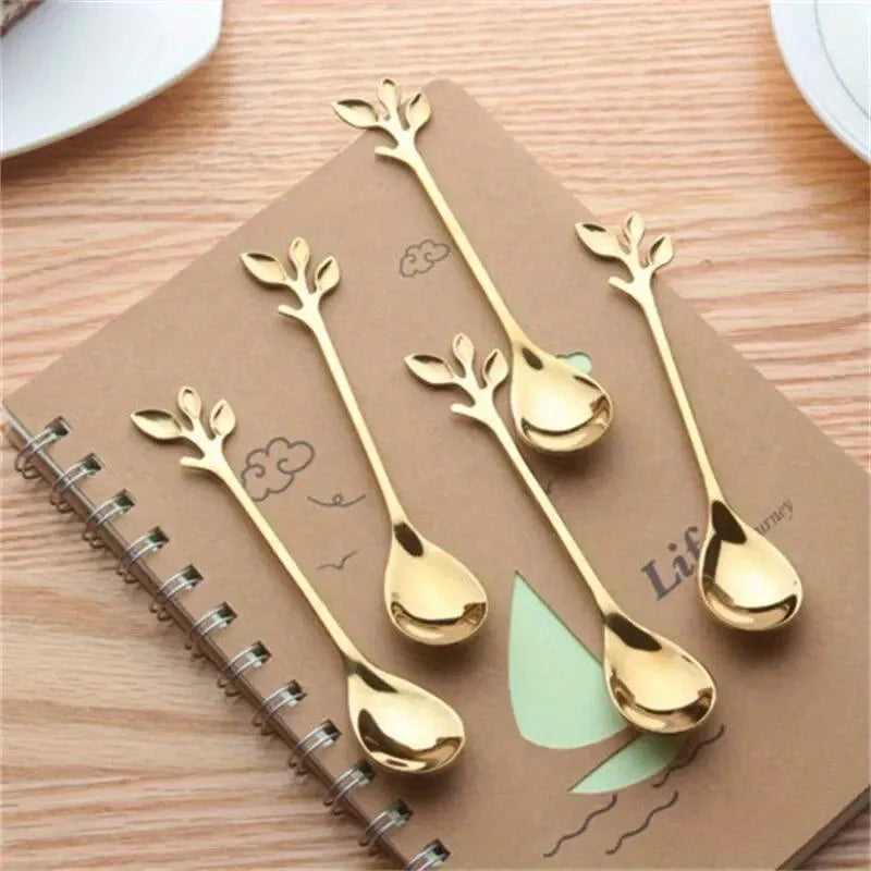 6PCS Creative Personality Stainless Steel Gold Spoons Tree Leaf Spoon Coffee Spoon Tea Spoon Home Restaurant Dessert Cutlery Set
