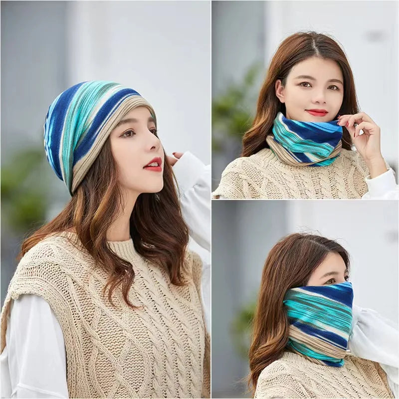 Rainbow Striped Spring Autumn Beanies Cap Soft Thin Knitted Warm Dual-use Skullies Mask Snood For Men Women Casual Pullover Hat