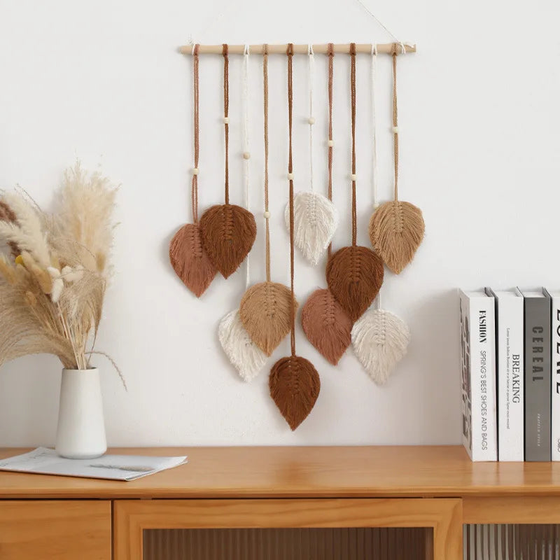 Handmade Woven Leaf Macrame Hanging Ornament, Bohemian Cotton Rope, Woven Walls Decoration for Bedroom, Living Room Wall