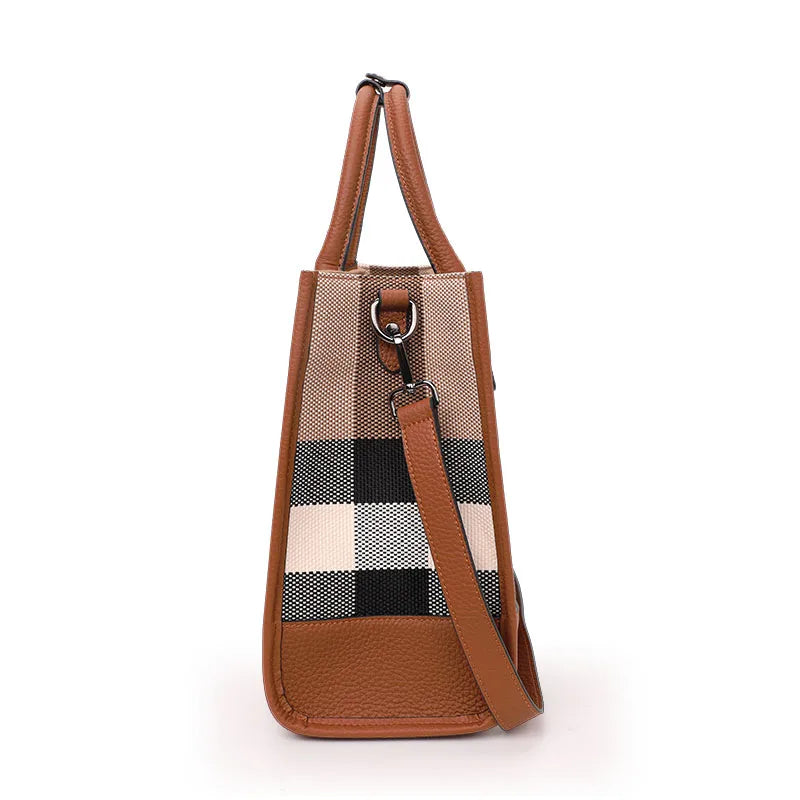 Hemasa Caramel Colour Canavas  Women's Handbag Classic  Large Capacity Cowhide Single Shoulder Crossbody Bag
