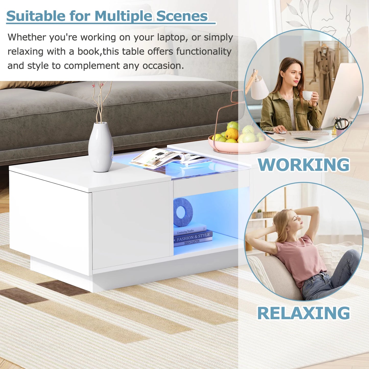 LED Lights Coffee Table For Living Room, Modern Center Table With Storage, 2 Tiers And 2 Drawers, Large Living Room Center Table