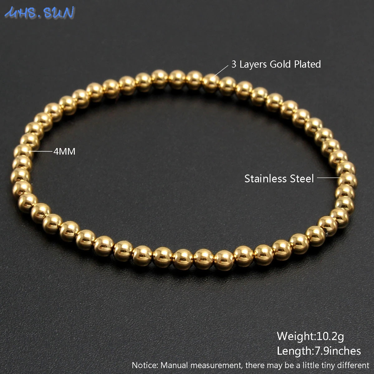 MHS.SUN Fashion Waterproof Smooth Stainless Steel Bracelets 2-10mm Elastic Beaded Gold Plated Stackable Bracelet Women Jewelry