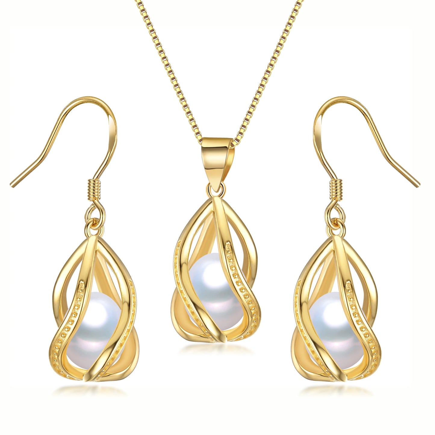 YWYC Gold Color Chain Pendant Necklace 8-9mm Natural Freshwater Pearl in Cage Pendant & Drop Earrings Jewelry Set for Women