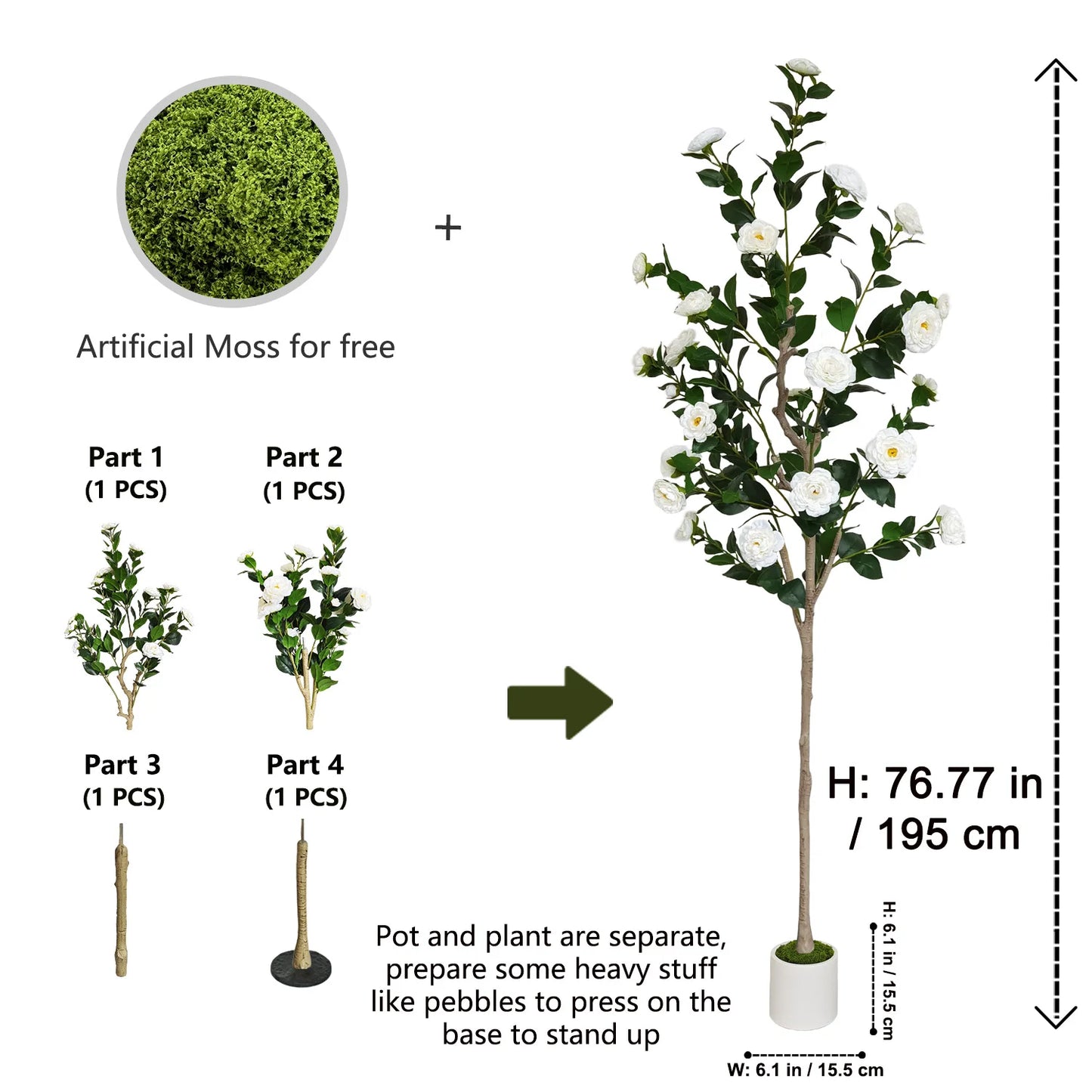 125-195CM New Artificial Camellia Tree with Plastic Pot indoor fake plant for home Living Room Office Garden Wedding Party
