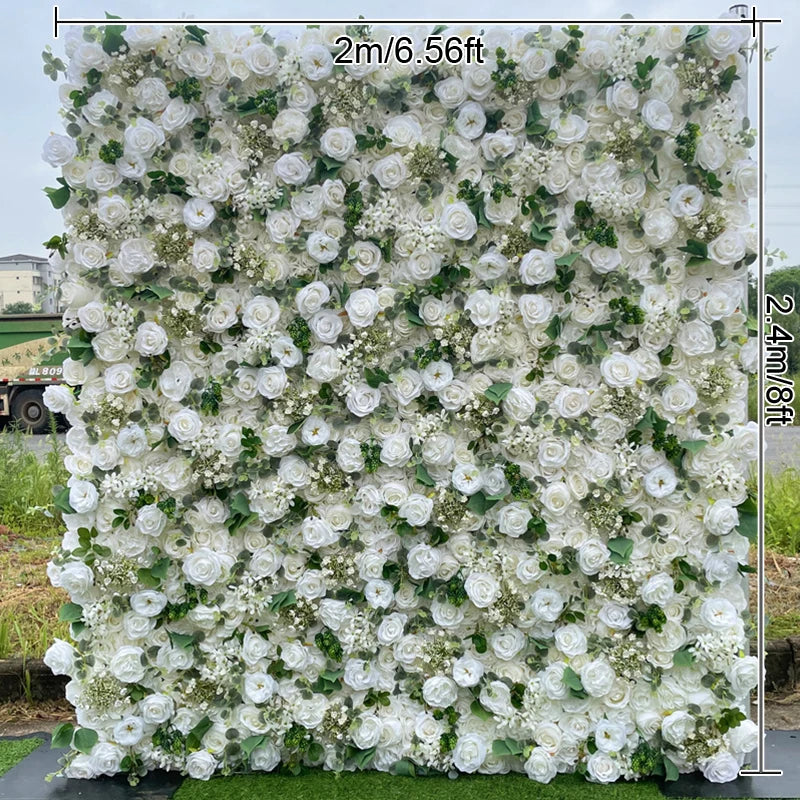 Rose Hydrangea Green Leaf Artificial Flowers Wall Cloth White Roll Up Curtain Hang Floral Wedding Event Backdrop Decor Props