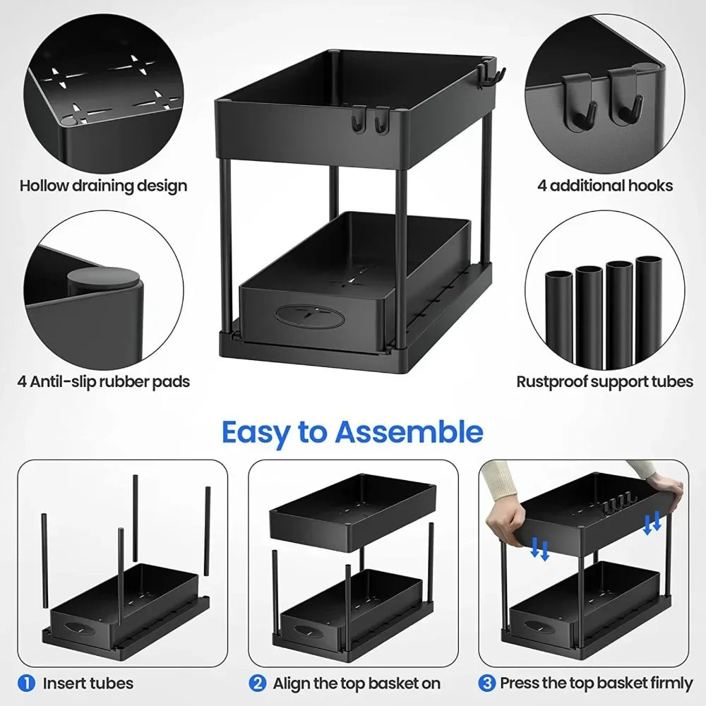 Hemasa 2 Floors Lower Sink Organizer Sliding Cabinet Basket Organizer Storage Shelf Hanger Hanging Cup Bathroom Kitchen Organizer