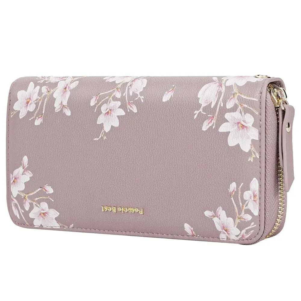 Tejesa RFID Blocking Leather Multi Credit Card Large Capacity Zip Around Wallets Clutch Wristlet Travel Flower Long Purse for Women