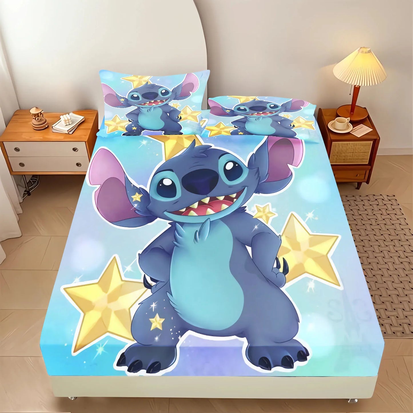 Stitch Fitted Sheet 100% Polyester Bedding Set With Pillowcase Suitable For Children And Adults Anime Kawaii