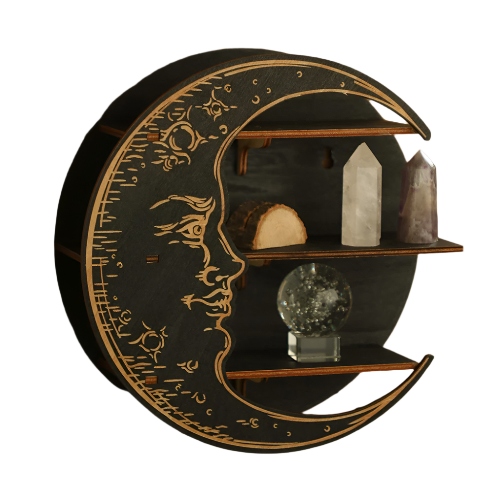 Crystal Display Wooden Shelf Moon Face Hanging Wall Jewelry Holder Bohemian Home Decor Floating Stand Shelves Room Decoration