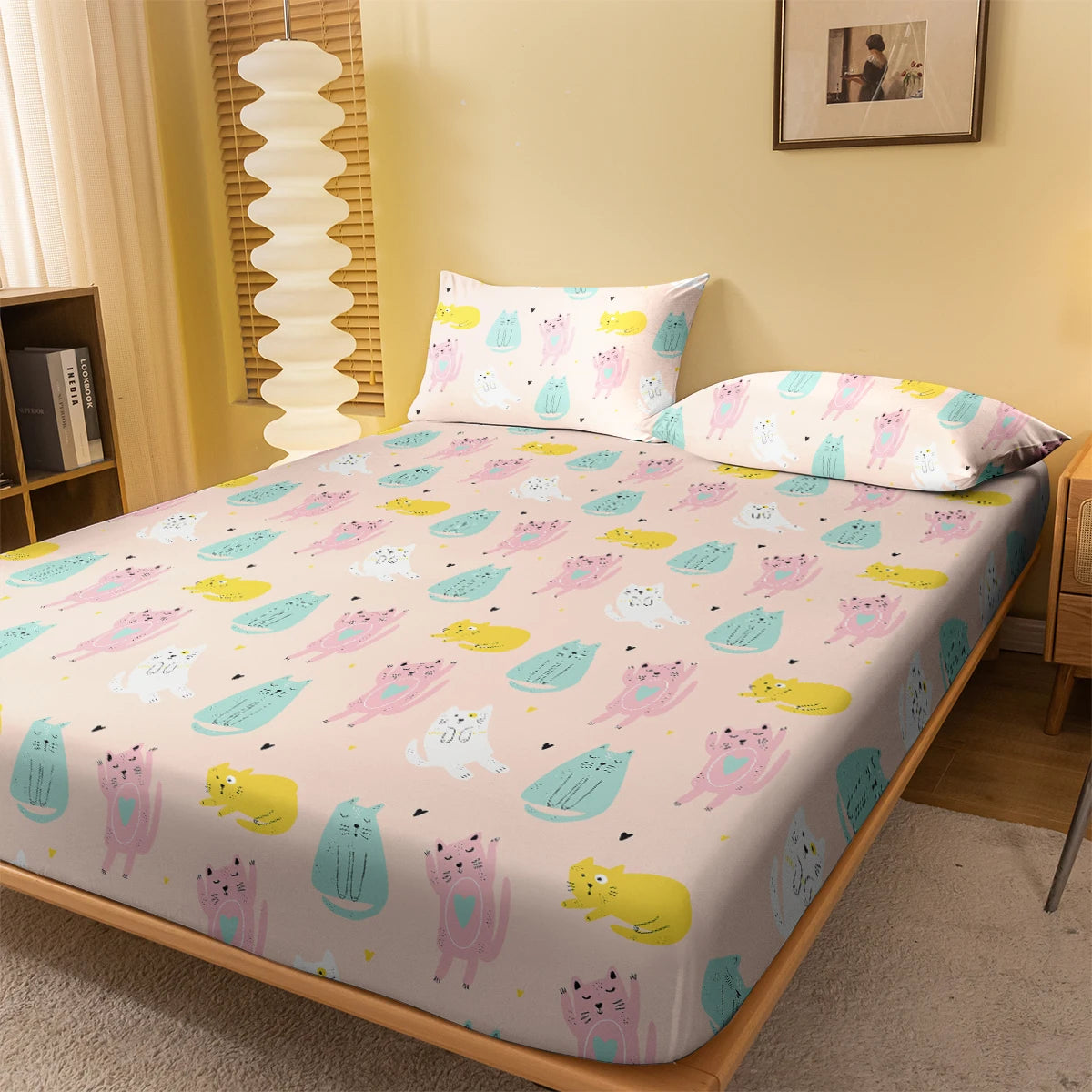 1 Cartoon Cute animal Cat Printed Matte Fitted Sheet, Bedroom Printed Bed Cover, Bedding (Excluding Pillowcases)