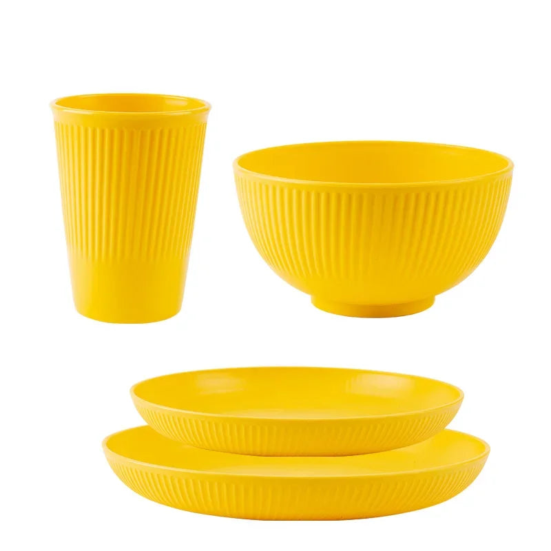 Wheat Straw Cutlery Set 4Pcs/Set Bowl Cup Dish Set Portable Tableware Set Dinnerware Kits for Picnic Camping