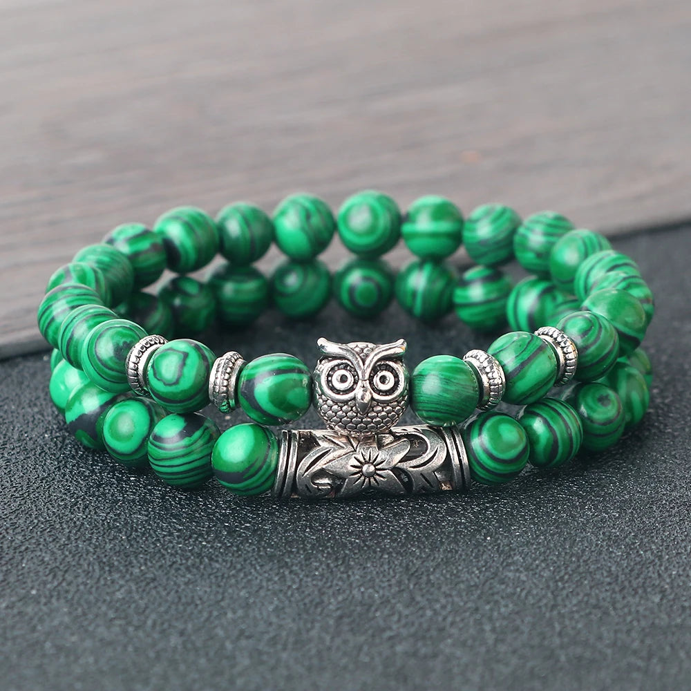 Hemasa Fashion Natural Stone Beads Bracelet /Owl Beads Bracelet / Black Lava Onyx Beads Charm Bracelets Women Jewelry Couples Gift