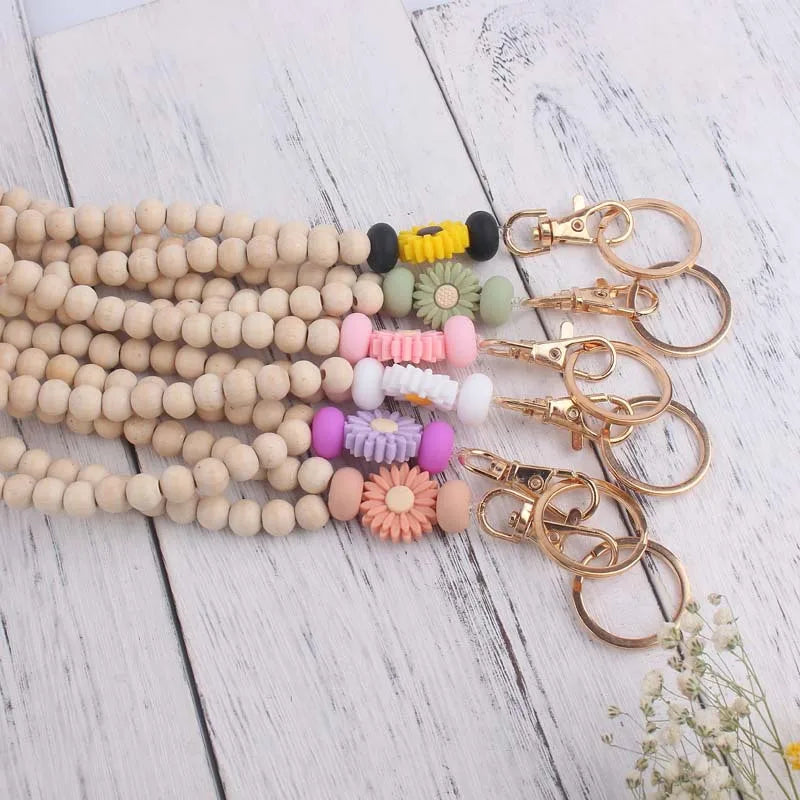 Hemasa  Wooden Beads  Daisy  Flower  Silicone Keychain