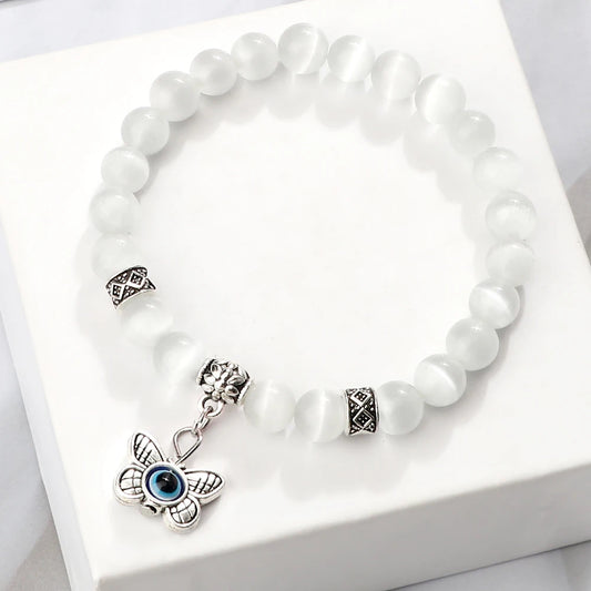 6 8mm Natural Cat Eye Stone Bracelet White Opal Beads Butterfly Hand Of Fatima Women Bracelets & Bangles Lucky Evil Eye Jewelry
