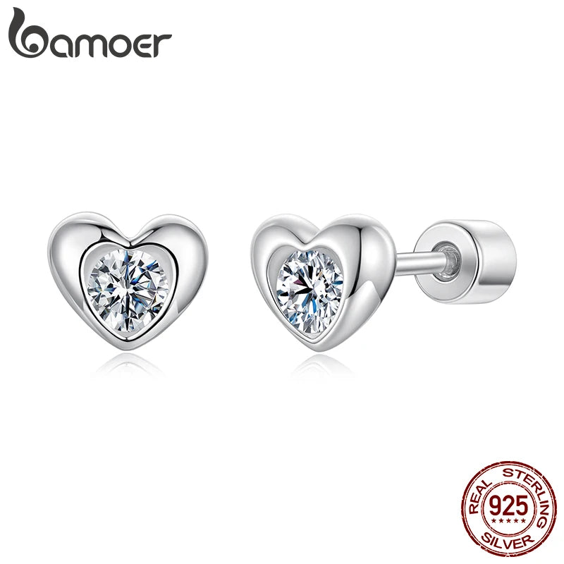 BAMOER Classic Heart Moissanite Screw-back Earring, Paved Setting Round Cut Lab Created Diamond for Women Engagement Gift S925