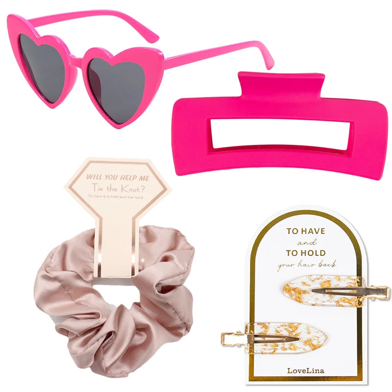 Wedding Bridesmaids Heart Shape Sunglasses Scrunchies Hair Clip Gold Glitter Hairpin Set Bachelorette Party Gift Bridal Shower