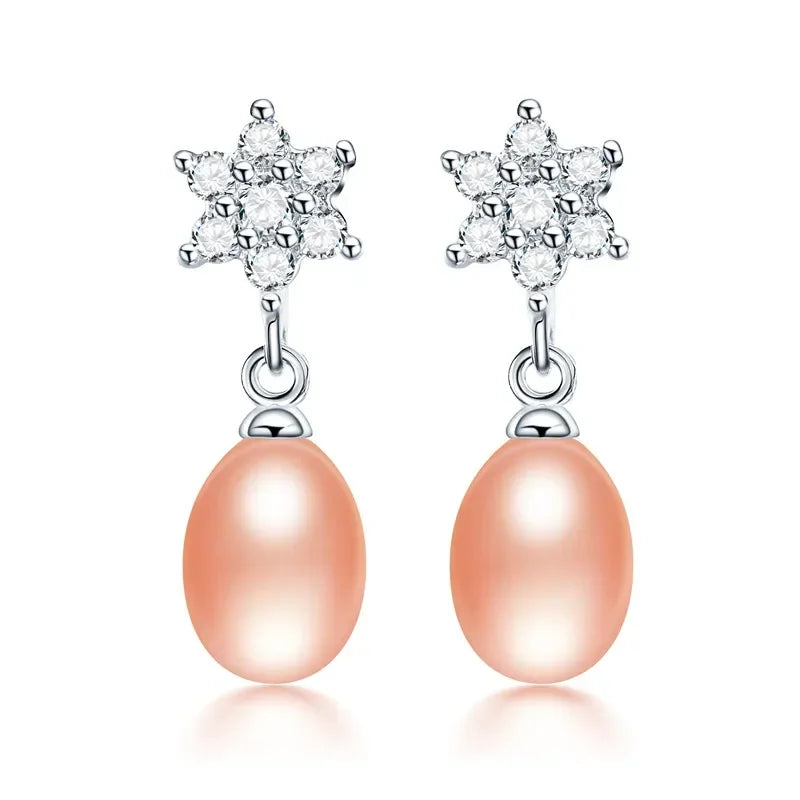 YWYC 8-9mm Natural Freshwater Pearl Earrings Jewelry Gift Hexagram Star 925 Sterling Silver Zircon Drop Earrings for Women
