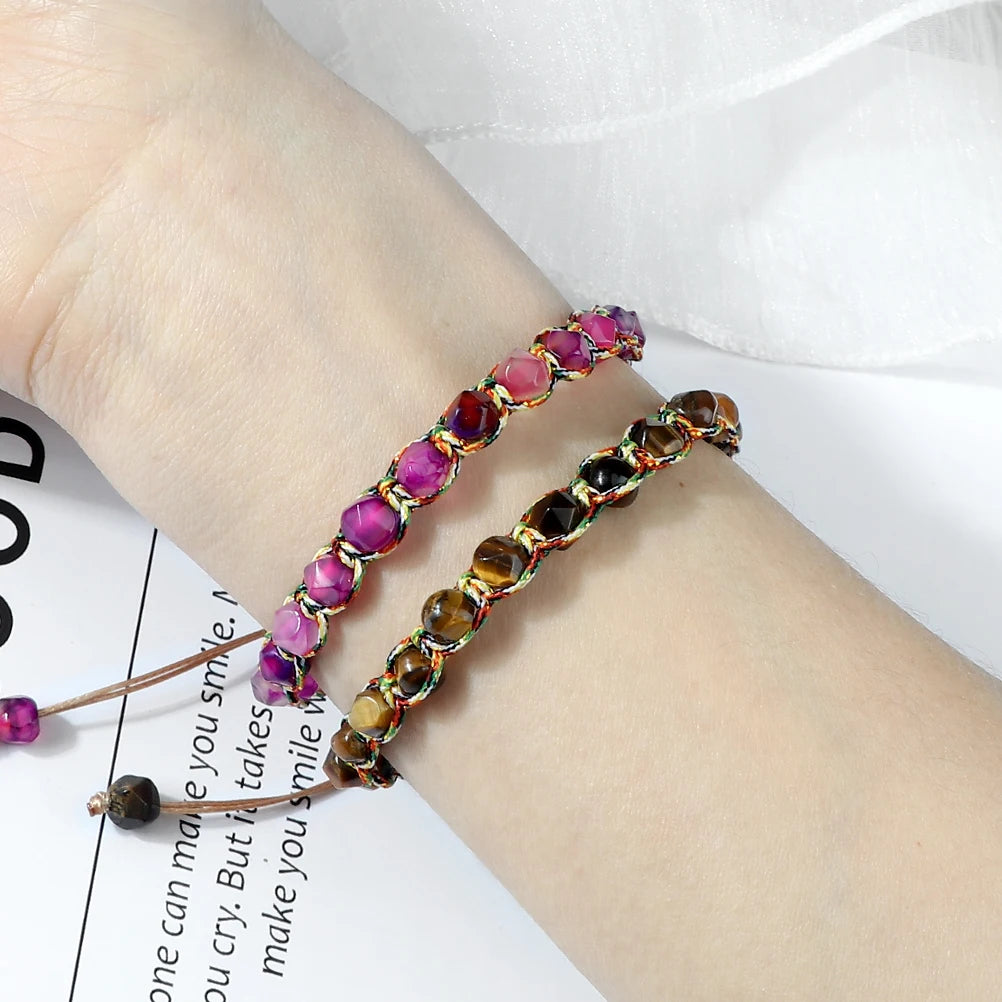 Fashion 6mm Cut Surface Natural Agate Tiger Eye Stone Bracelets Handmade Colorful Nylon Rope Braided Bracelet Jewelrys Women Men