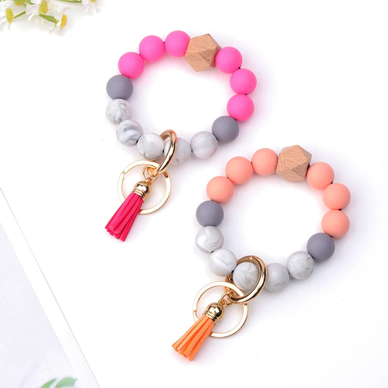 New Anti-Loss Women Wristlet Bracelet Keychain Silicone Round Beaded Keyring For Lobster Clasp Keychain Jewelry Bracelet
