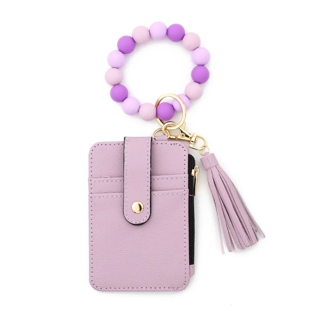 Hemasa Bohemian Style Card Holder Bracelet Keychain Floral Design Faux Leather Beaded Tassel Keychain Tassel Beaded Detail