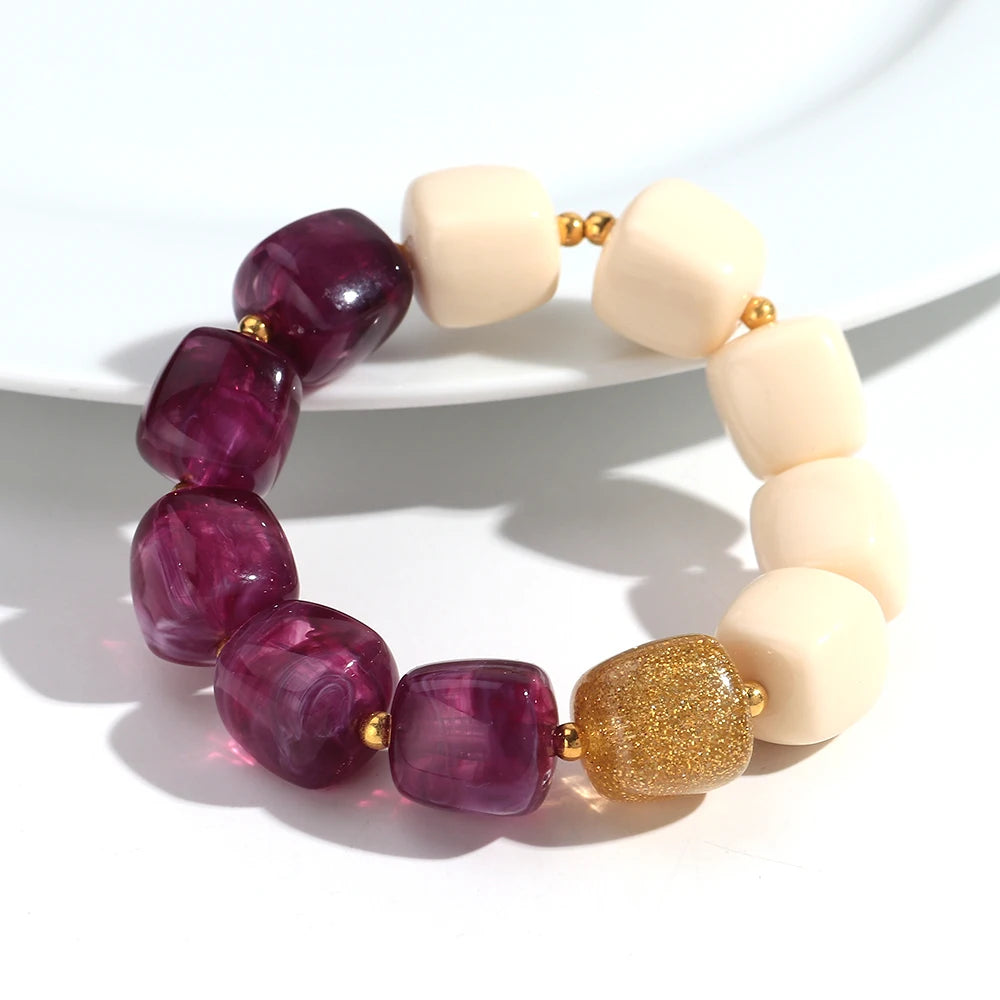 New Multicolor Acrylic Geometric Bead Bracelet for Women Trendy Resin Irregular Square Elastic Bracelets Handmade Jewelry Gift