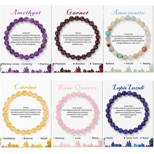 Heamsa 8mm Natural Stone Beads Bracelet  /Amethysts/ Lapis Lazuli/ Rose Pink Quartz's Crystal Stretch Bracelet With Card For Women Men Gift