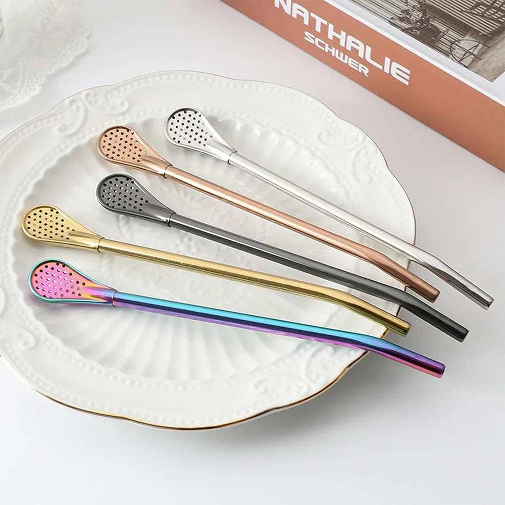 1-10Pcs 304 Stainless Steel Drinking Straw Spoon Tea Filter Reusable Bombilla Gourd Cocktail Straw Spoon Coffee Bar Accessory