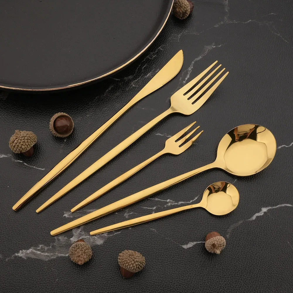 Hemasa 12Pcs Stainless Steel  Gold Fork Spoon Set/ Cake Fork Snack Salad Coffee Fruit Fork Spoon Cutlery Kitchen Dinnerware Set