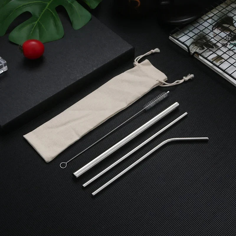 Metal Reusable 304 Stainless Steel Straws Straight Bent Drinking Straw With Case Cleaning Brush Set Party Bar accessory