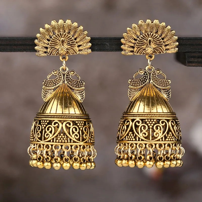 Hemasa Jhumka Earrings for Women Nepal Bohemian Jewelry Exaggerated Retro Indian Style Hollow Bell Pendant Peacock Earrings