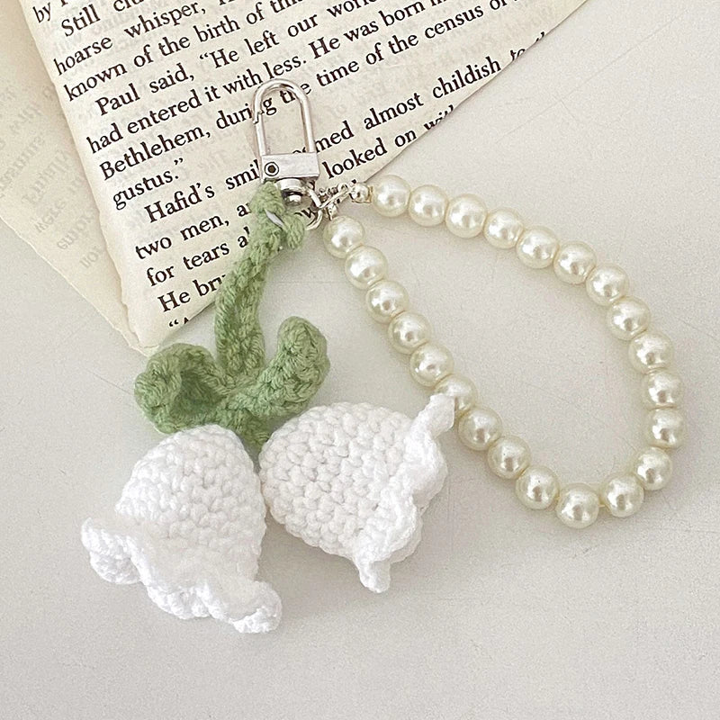Hemasa 1pc Sweet Wool Crochet Lily Of The Valley Keychain Girls Pearl Chain Bag Pendant