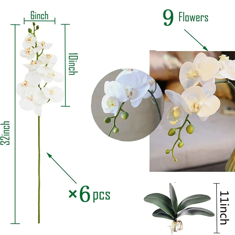 32 Inch Artificial Phalaenopsis Flowers 9 Heads Artificial Orchid Butterfly Flowers Stem Plants for Home Decor 6PCS