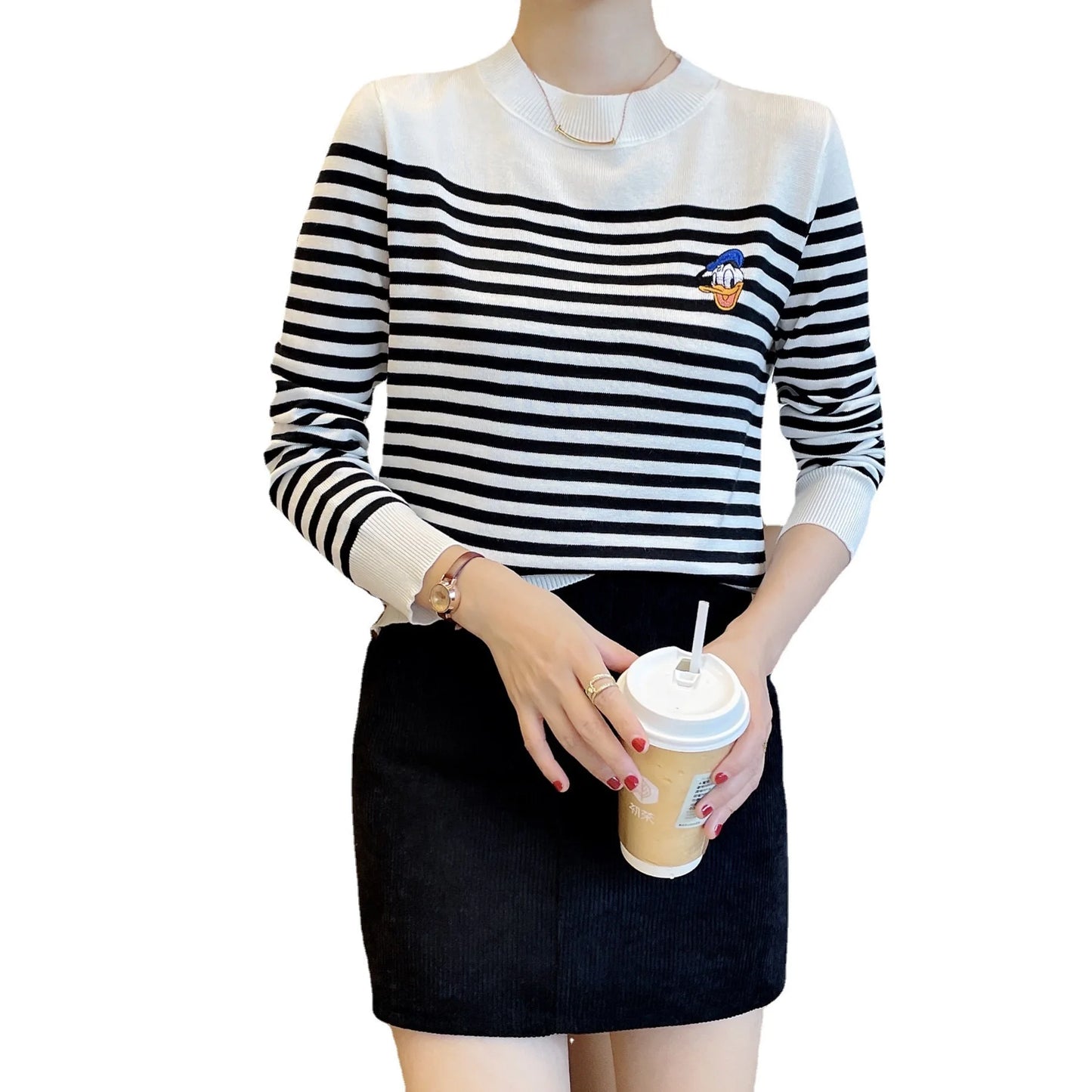 Disney Cartoon Donald  Sweaters for Women Embroidery Striped Knit Shirt Cardigan Female Fashion Clothing Tops Kawaii Skirts