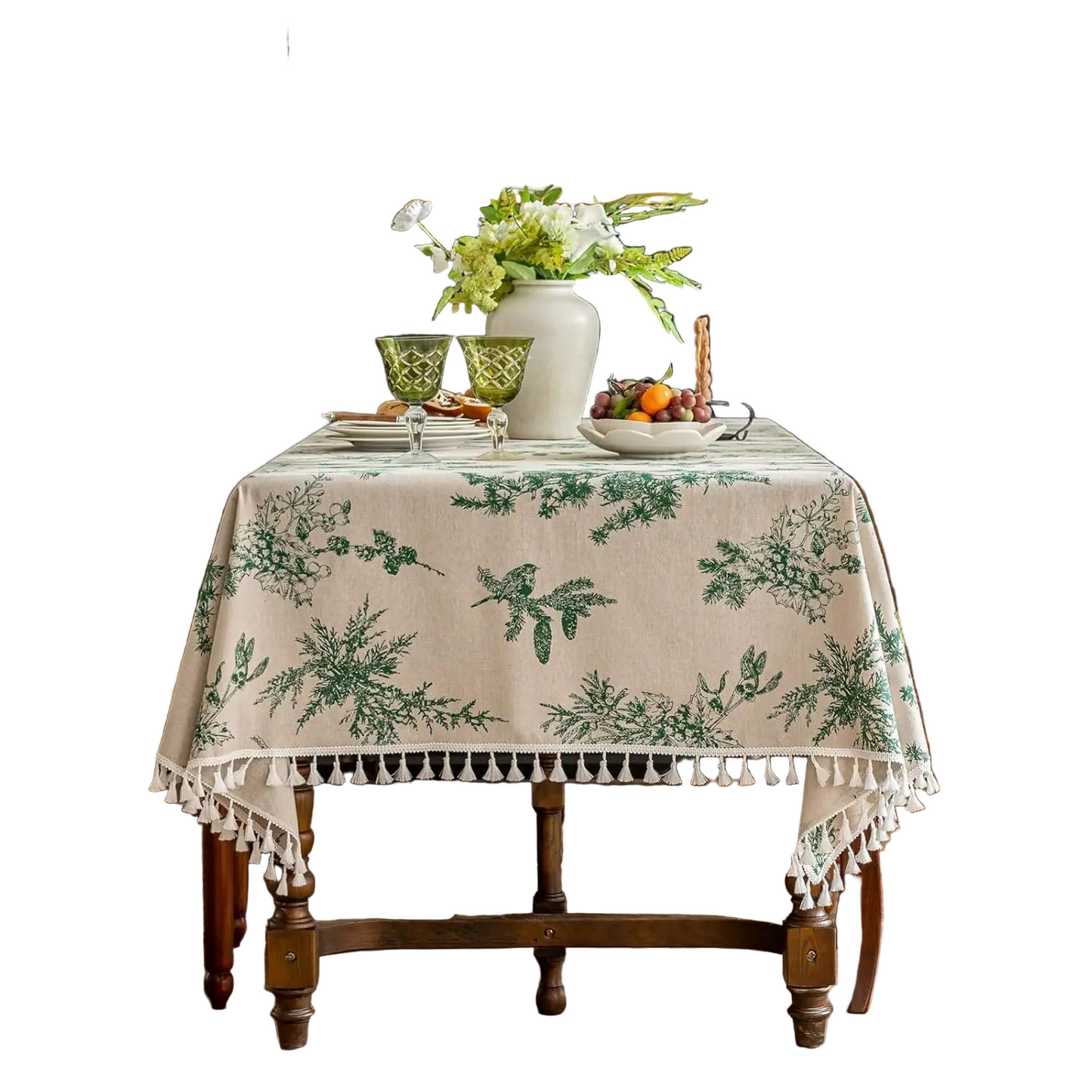 Tejesa Square Cotton Linen Tablecloth with Stitching Tassels Washable Fabric Table Cover for Christmas Dining Kitchen Tea Party