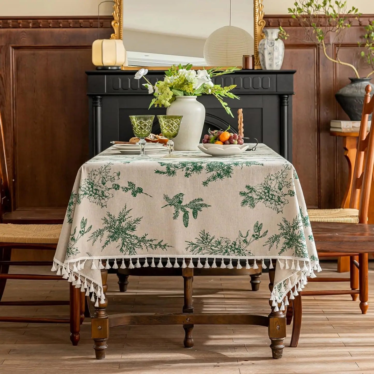 Tejesa Square Cotton Linen Tablecloth with Stitching Tassels Washable Fabric Table Cover for Christmas Dining Kitchen Tea Party