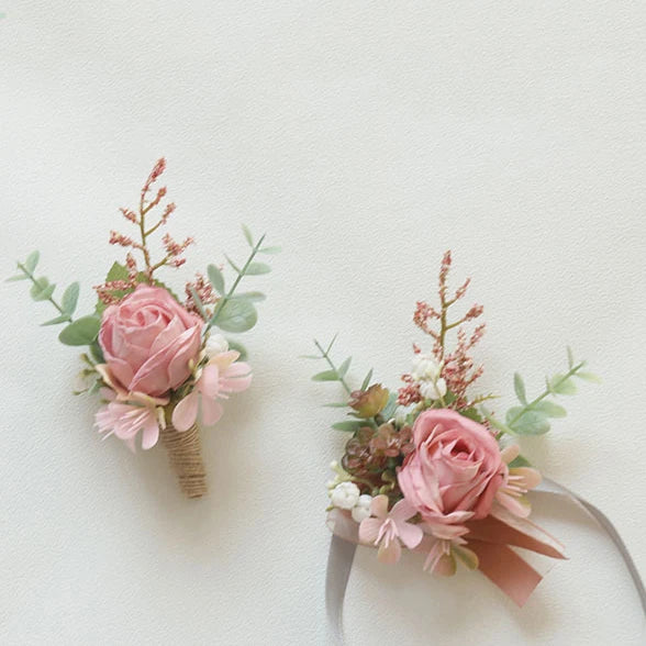 YeeNanee 6pcs Pink Corsage Boutonniere Set for Bride Groom Bridesmaids Groomsmen Wedding Cerenony Homecoming Prom Suit Flowers