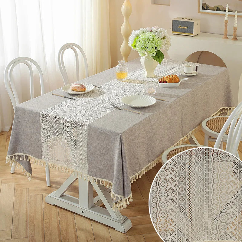 Tejesa Polyester and linen, with a simple and elegant style. Hollow out and spliced rectangular shape Table Cloth