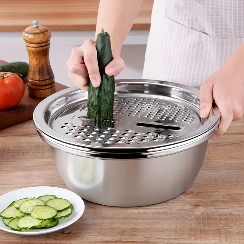Tejesa 3 in 1  Kitchen Kit with Stainless Steel Multifunctional Mixing Bowl Vegetable Slicer - Suitable for Cleaning and Slicing Fruits