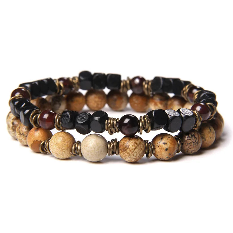 2pcs/set Beaded Bracelet Natural Stone Tiger Eye Hematite Beads Bracelet Men Energy Elastic Rope Bracelet Jewelry Couples Gifts