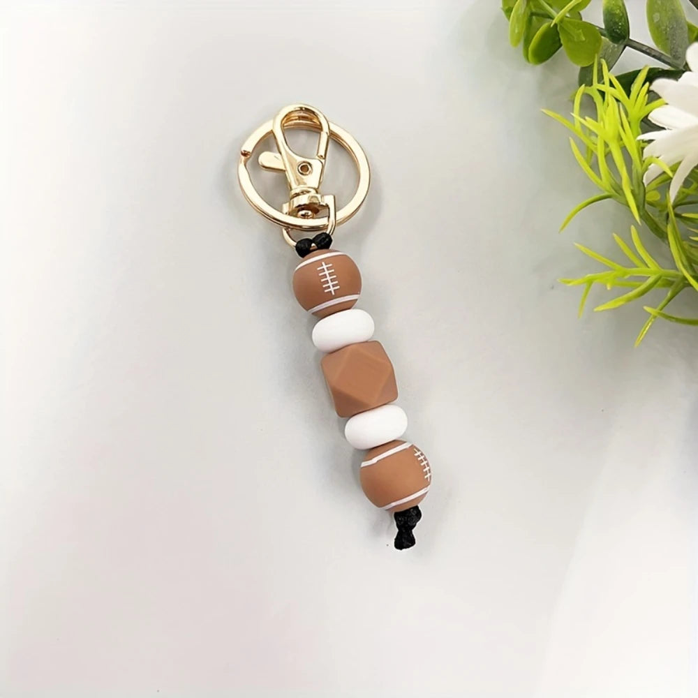 LOFCA Basketball Football Silicone Beaded Keychain Handmade Wood Beads Keychain Charm Backpack  Pendant  Accessories Keyring
