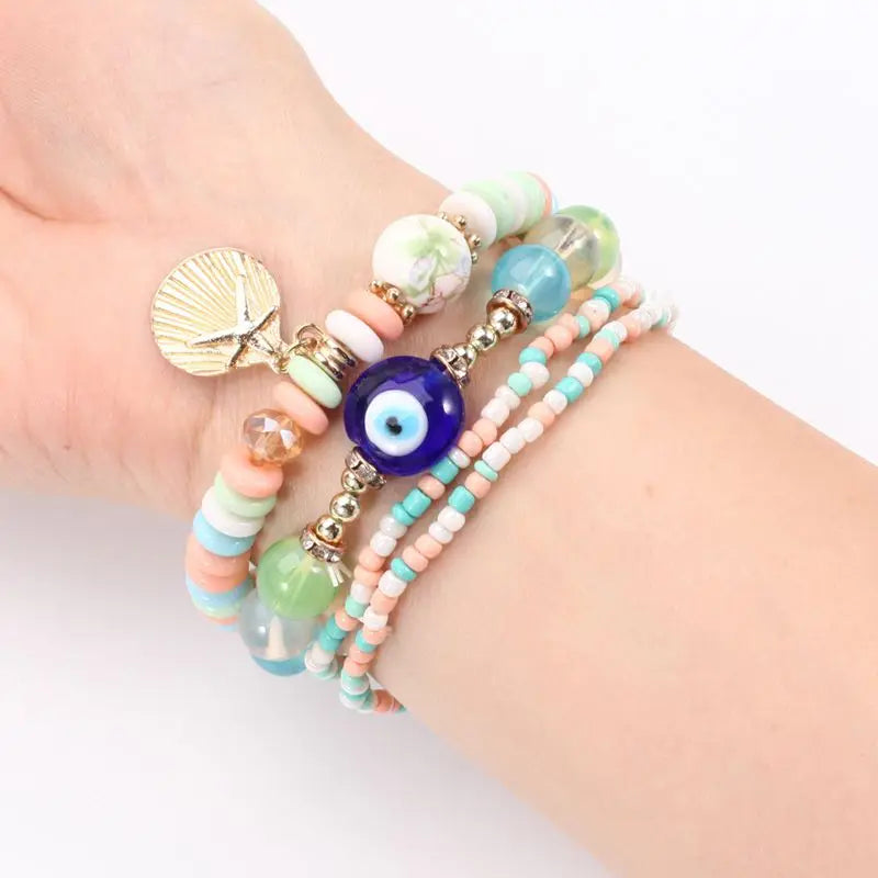 Bohemia Multilayer Elastic Weave Bracelet Set For Women Turkish Evil Eye Lucky Blue Eyes Beads Bracelets Female Charm Jewelry