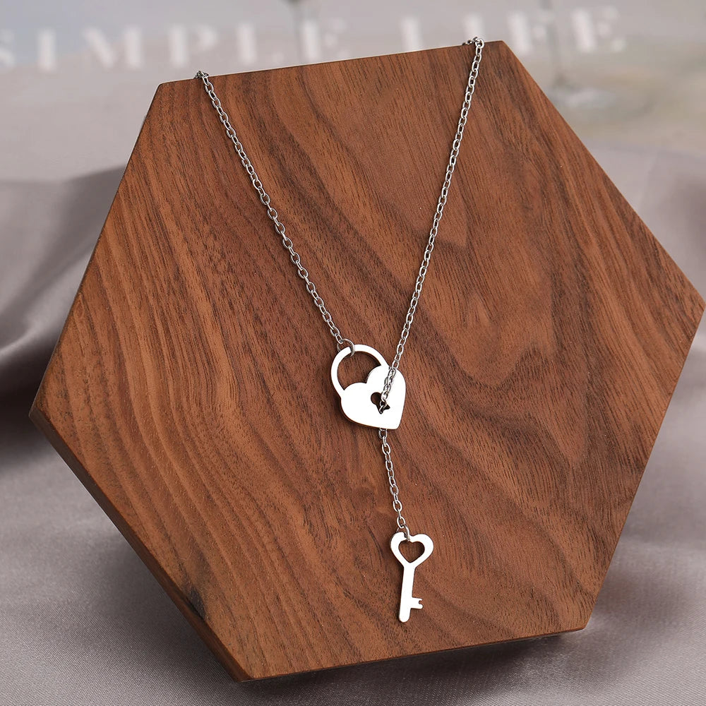 Stainless Steel Necklaces Trendy Fine Heart Lock Key Independent Pendants Fashion Chains Choker Necklace For Women Jewelry Gifts
