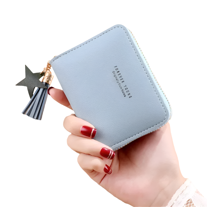 Hemasa PU Zipper Short Wallet Women Little Star Tassel Pendant Multi-card Slots Card Wallet Coin Purse