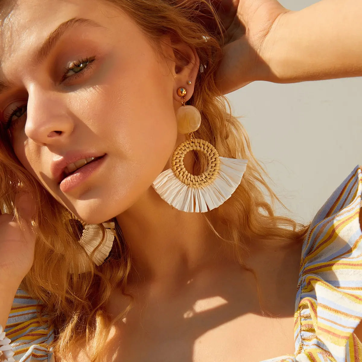 Handmade Rattan Shell  Raffia Drop Earrings for Women Bohemian Ethnic Geometric Round Waterdrop Wood Dangle Earrings Jewelry