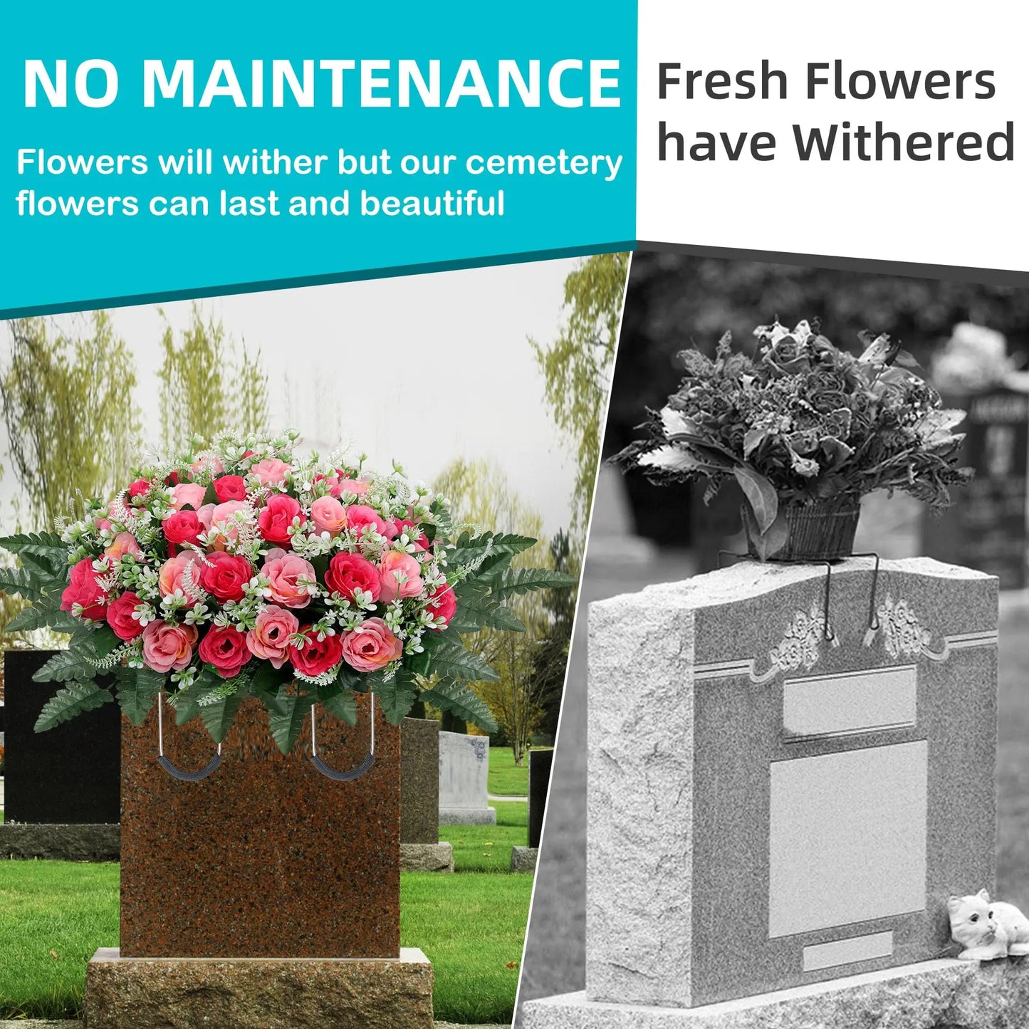 Headstone Flower Saddle, Large Artificial Cemetery Flowers for Grave, Cemetery Memorial Flowers for Outdoor Tombstone Decoration