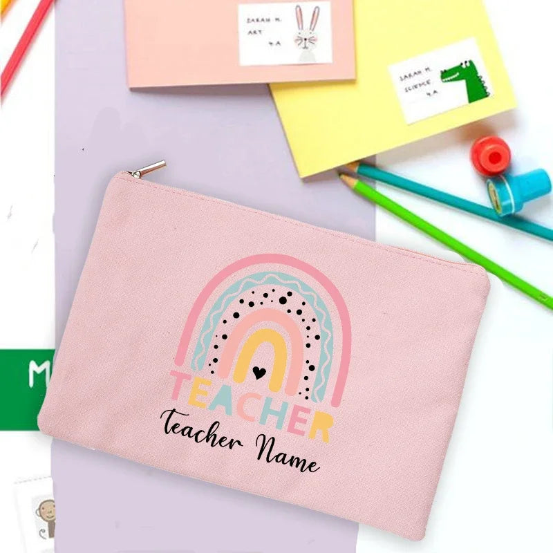 Rainbow Teacher Print Custom Name Personalized Supplies Storage Bags Travel Wash Pouch Makeup Bag Gifts Stationery Pencil Case